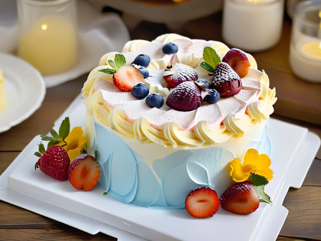  A highresolution image of a beautifully decorated pastel de tres leches, featuring intricate frosting details in pastel colors such as pink, blue, and yellow. The cake is displayed on a rustic wooden table, surrounded by fresh berries, mint leaves, and edible flowers. The background is softly blurred to keep the focus on the dessert, creating a visually appealing and appetizing scene that would captivate any reader interested in pastry blogs and social media. hyperrealistic, full body, detailed clothing, highly detailed, cinematic lighting, stunningly beautiful, intricate, sharp focus, f/1. 8, 85mm, (centered image composition), (professionally color graded), ((bright soft diffused light)), volumetric fog, trending on instagram, trending on tumblr, HDR 4K, 8K