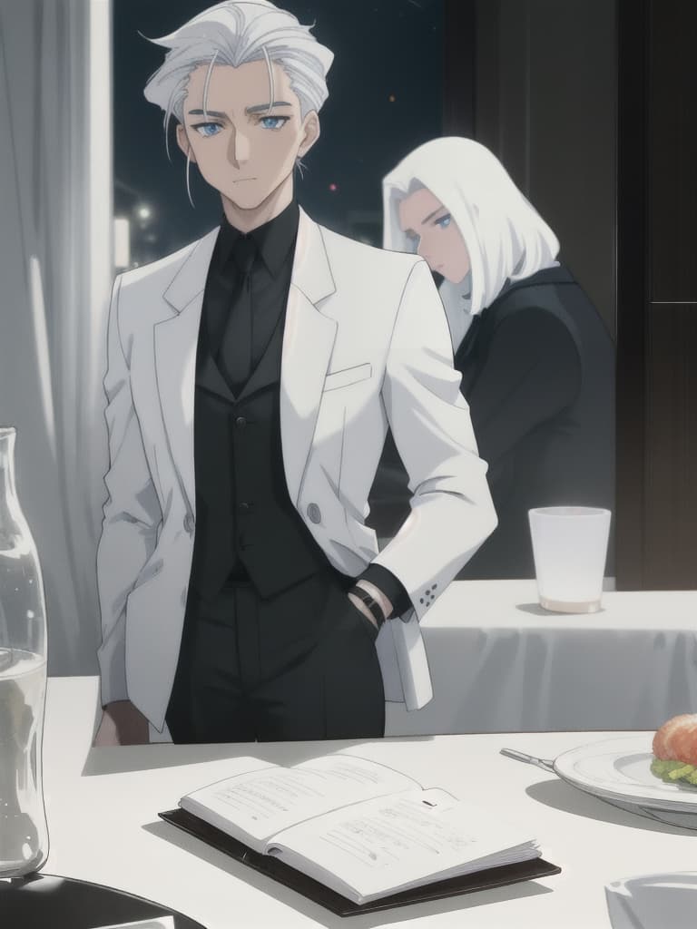  (anime cartoon 1man), (caucasian ethnicity, pale skin), young, wide body, blue eyes, slicked back hair, white hair, suit and shirt clothing, Wearing a suit and shirt, sitting at the dinner table in a fancy restaurant at night with dim lights  hyperrealistic, full body, detailed clothing, highly detailed, cinematic lighting, stunningly beautiful, intricate, sharp focus, f/1. 8, 85mm, (centered image composition), (professionally color graded), ((bright soft diffused light)), volumetric fog, trending on instagram, trending on tumblr, HDR 4K, 8K