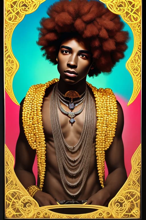  Portrait of young black man with glowing jewels, afro - futurist style, intricate