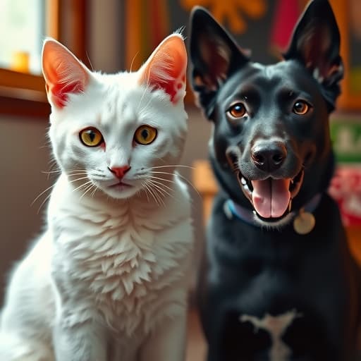  a white cat and black dog hyperrealistic, full body, detailed clothing, highly detailed, cinematic lighting, stunningly beautiful, intricate, sharp focus, f/1. 8, 85mm, (centered image composition), (professionally color graded), ((bright soft diffused light)), volumetric fog, trending on instagram, trending on tumblr, HDR 4K, 8K