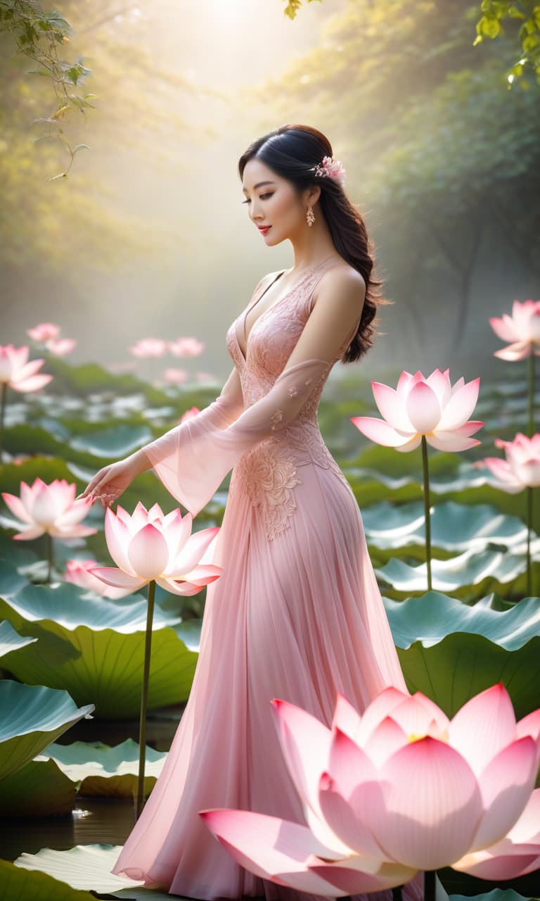  A beautiful Asian girl in a delicate pink dress twirls in the dance, the soft light of the lotus garden wraps around her, the lotus petals styled in a watercolor manner. hyperrealistic, full body, detailed clothing, highly detailed, cinematic lighting, stunningly beautiful, intricate, sharp focus, f/1. 8, 85mm, (centered image composition), (professionally color graded), ((bright soft diffused light)), volumetric fog, trending on instagram, trending on tumblr, HDR 4K, 8K