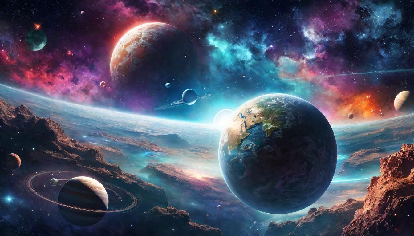  digital illustration, A cosmic tapestry depicting planets and stars aligning, symbolizing an ever evolving divine plan, soft galactic hues, interconnectedness, harmony., looking at viewer, dynamic pose, (intricate details, masterpiece, best quality)