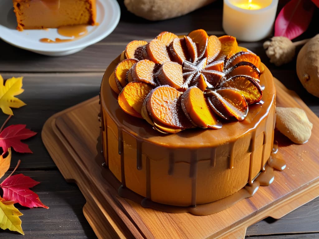  A photorealistic image of a freshly baked sweet potato cake sitting on a rustic wooden table, adorned with a sprinkle of cinnamon and a drizzle of caramel sauce. The cake is moist and golden, with steam gently rising from its surface, surrounded by scattered autumn leaves and a few whole sweet potatoes in the background. The lighting is warm and inviting, capturing the essence of a cozy autumn day. hyperrealistic, full body, detailed clothing, highly detailed, cinematic lighting, stunningly beautiful, intricate, sharp focus, f/1. 8, 85mm, (centered image composition), (professionally color graded), ((bright soft diffused light)), volumetric fog, trending on instagram, trending on tumblr, HDR 4K, 8K