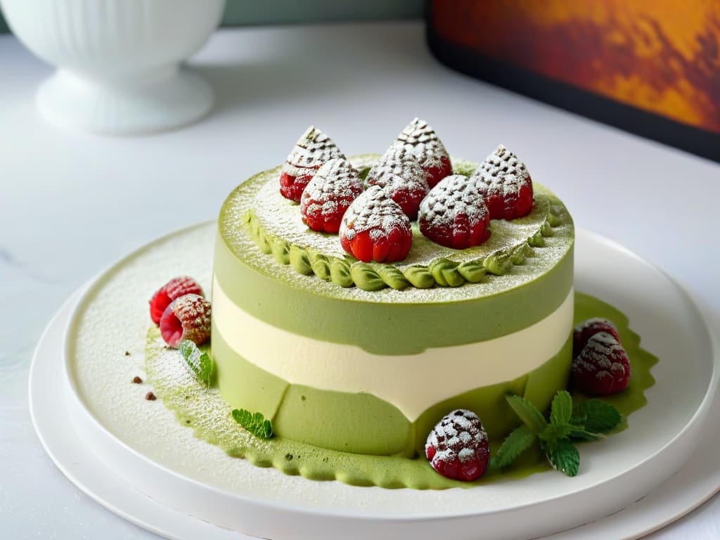  A photorealistic image of a beautifully plated matcha tiramisu dessert, showcasing intricate layers of green teainfused mascarpone cream, delicate ladyfingers soaked in espresso, and a dusting of vibrant matcha powder on top. The dessert is garnished with fresh raspberries, mint leaves, and edible gold flakes, all set on a sleek white ceramic plate placed on a dark mahogany table, with soft natural lighting casting elegant shadows. The focus is on the texture and details of the dessert, highlighting the fusion of Asian and Western flavors in a visually stunning way. hyperrealistic, full body, detailed clothing, highly detailed, cinematic lighting, stunningly beautiful, intricate, sharp focus, f/1. 8, 85mm, (centered image composition), (professionally color graded), ((bright soft diffused light)), volumetric fog, trending on instagram, trending on tumblr, HDR 4K, 8K