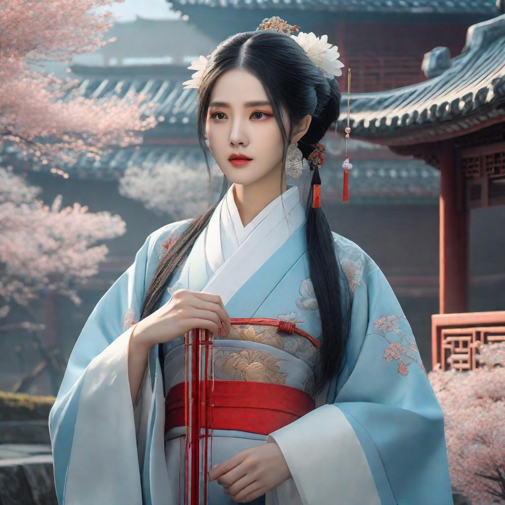  masterpiece, best quality, (Fidelity: 1.4), Best Quality, Masterpiece, Ultra High Resolution, Poster, Fantasy Art, Very Detailed Faces, 8k resolution, Chinese Style, An woman, Side Face, Quiet, Light Blue Hanfu, Tulle Coat, Long Black Hair, Light Blue Fringed Hair Ornament, Hairpin, White Ribbon, White Flower Bush, Light Blue Butterfly Flying, cinematic lighting effects