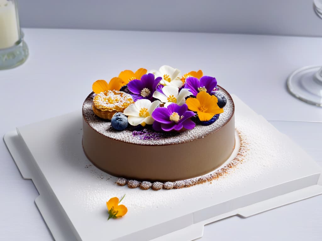  A closeup, ultradetailed image of a perfectly arranged assortment of sugarfree nutbased desserts on a sleek, modern, minimalist white plate, showcasing the intricate textures and rich colors of each treat. The desserts are artfully garnished with delicate edible flowers and dusted with a light sprinkle of powdered erythritol, creating a visually stunning and appetizing display that exudes elegance and sophistication. hyperrealistic, full body, detailed clothing, highly detailed, cinematic lighting, stunningly beautiful, intricate, sharp focus, f/1. 8, 85mm, (centered image composition), (professionally color graded), ((bright soft diffused light)), volumetric fog, trending on instagram, trending on tumblr, HDR 4K, 8K