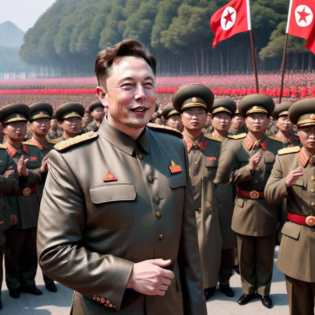  Elon Musk as the ruler of North Korea, dressed in a typical North Korean military uniform, waving to a crowd during a military parade. The image should capture Elon Musk's likeness while integrating him into the scene in a realistic manner, surrounded by North Korean military officials and soldiers. The atmosphere should be that of a grand and formal military event, with North Korean flags and banners in the background, and the audience cheering and showing their support. hyperrealistic, full body, detailed clothing, highly detailed, cinematic lighting, stunningly beautiful, intricate, sharp focus, f/1. 8, 85mm, (centered image composition), (professionally color graded), ((bright soft diffused light)), volumetric fog, trending on instagram, trending on tumblr, HDR 4K, 8K