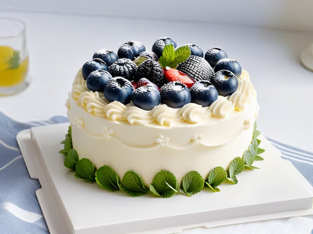  A photorealistic image of a beautifully decorated lowcarb diabeticfriendly cake, showcasing intricate piping work with sugarfree frosting, adorned with fresh berries and mint leaves on top. The cake sits elegantly on a pristine white cake stand, set against a softfocus background of a sunlit kitchen, highlighting the texture and details of the dessert. hyperrealistic, full body, detailed clothing, highly detailed, cinematic lighting, stunningly beautiful, intricate, sharp focus, f/1. 8, 85mm, (centered image composition), (professionally color graded), ((bright soft diffused light)), volumetric fog, trending on instagram, trending on tumblr, HDR 4K, 8K