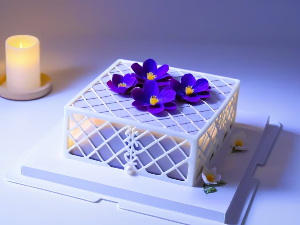  A beautifully intricate 3D printed dessert centerpiece featuring a delicate lattice design with edible flowers and geometric patterns, displayed on a sleek, modern serving platter under soft, elegant lighting. hyperrealistic, full body, detailed clothing, highly detailed, cinematic lighting, stunningly beautiful, intricate, sharp focus, f/1. 8, 85mm, (centered image composition), (professionally color graded), ((bright soft diffused light)), volumetric fog, trending on instagram, trending on tumblr, HDR 4K, 8K