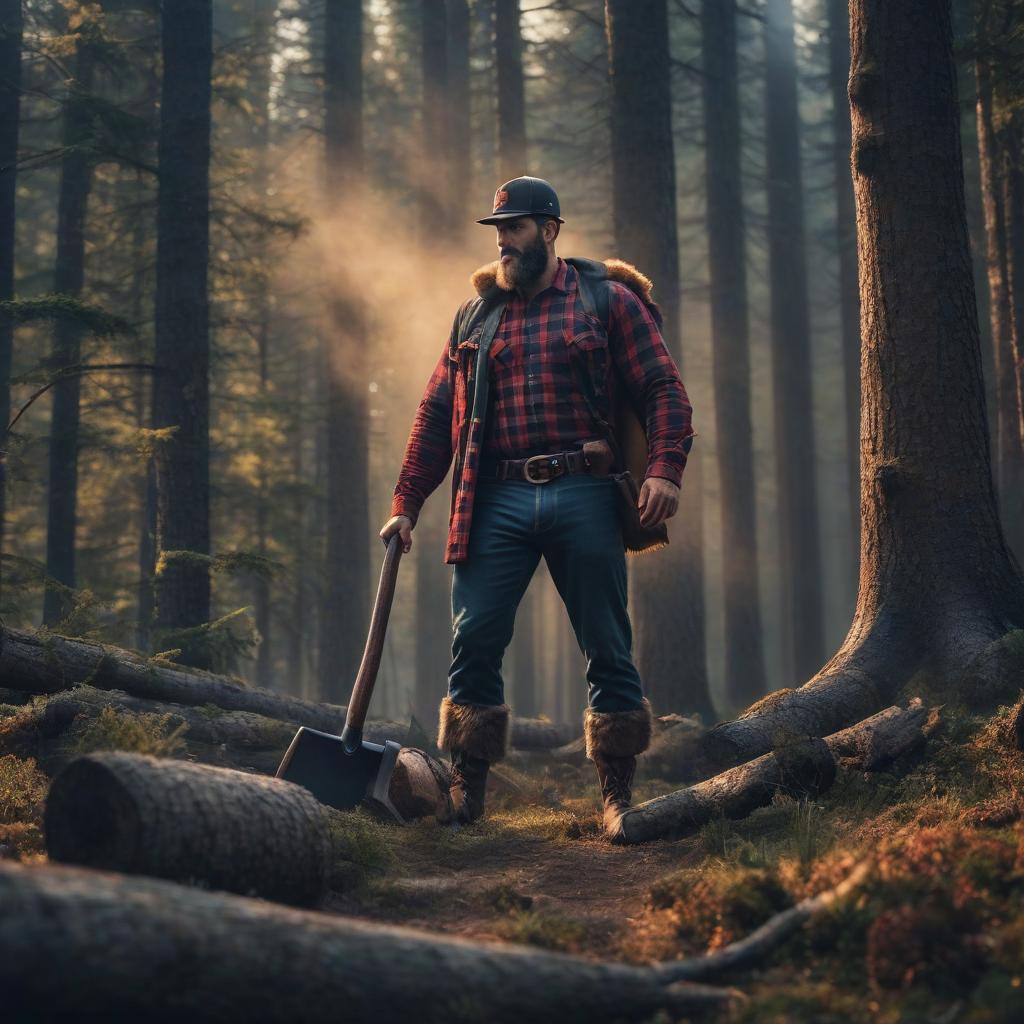  logo for an The lumberjack hyperrealistic, full body, detailed clothing, highly detailed, cinematic lighting, stunningly beautiful, intricate, sharp focus, f/1. 8, 85mm, (centered image composition), (professionally color graded), ((bright soft diffused light)), volumetric fog, trending on instagram, trending on tumblr, HDR 4K, 8K