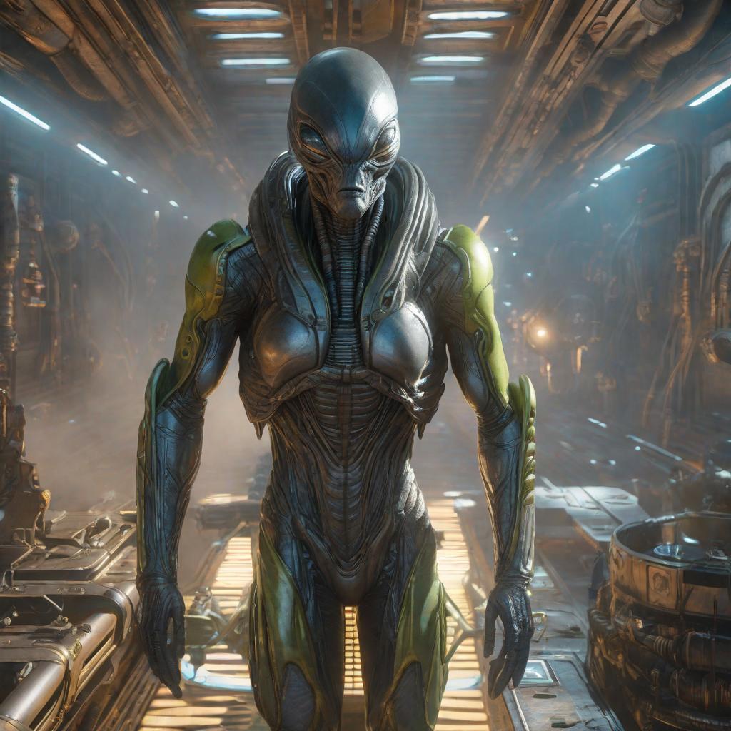  Alien from Area 51, realistic, portrait, art by donato giancola and greg rutkowski, realistic face, digital art, trending on artstation hyperrealistic, full body, detailed clothing, highly detailed, cinematic lighting, stunningly beautiful, intricate, sharp focus, f/1. 8, 85mm, (centered image composition), (professionally color graded), ((bright soft diffused light)), volumetric fog, trending on instagram, trending on tumblr, HDR 4K, 8K