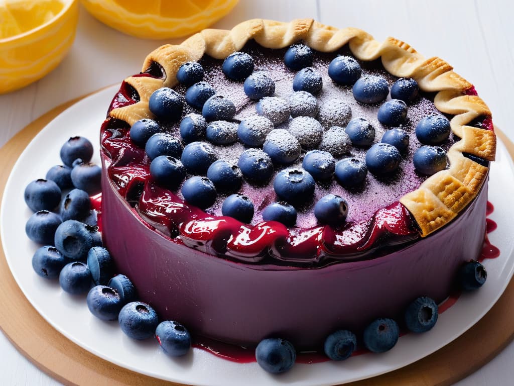  A closeup, ultradetailed image of a freshly baked blueberry pie, with a golden flaky crust and a glistening layer of blueberries on top. The deep purple hues of the blueberries contrast beautifully with the golden crust, showcasing the antioxidantrich fruit in all its glory. Each individual blueberry is perfectly intact, reflecting the care and precision that went into creating this delicious and visually appealing dessert. hyperrealistic, full body, detailed clothing, highly detailed, cinematic lighting, stunningly beautiful, intricate, sharp focus, f/1. 8, 85mm, (centered image composition), (professionally color graded), ((bright soft diffused light)), volumetric fog, trending on instagram, trending on tumblr, HDR 4K, 8K