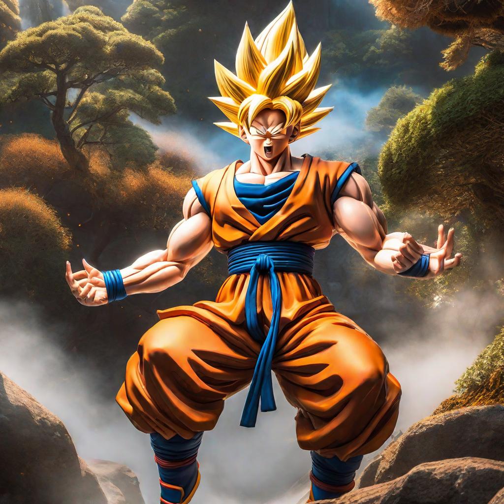  Goku peleando con a barni hyperrealistic, full body, detailed clothing, highly detailed, cinematic lighting, stunningly beautiful, intricate, sharp focus, f/1. 8, 85mm, (centered image composition), (professionally color graded), ((bright soft diffused light)), volumetric fog, trending on instagram, trending on tumblr, HDR 4K, 8K