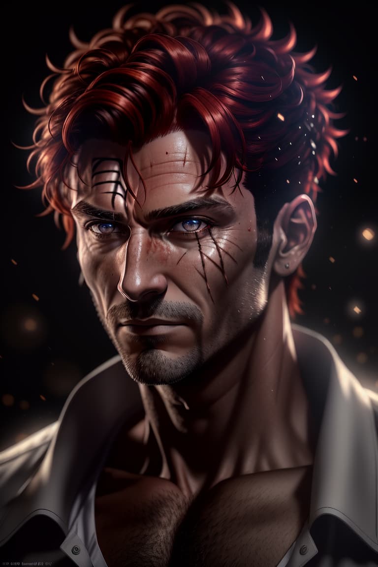  ((((masterpiece)))), best quality, very high resolution, ultra detailed, in frame, redhead, white shirt, black coat, scar on left eye, sharp look, curly hair, middle aged, rugged, intense gaze, unique hairstyle, facial scar, ruggedly handsome, piercing eyes, masculine, determined look, distinctive appearance, tousled hair, sharp features, confident expression, facial blemish, light, well lighted, unedited DSLR photography, sharp focus, Unreal Engine 5, Octane Render, Redshift, ((cinematic lighting)), f/1.4, ISO 200, 1/160s, 8K, RAW, unedited, in frame