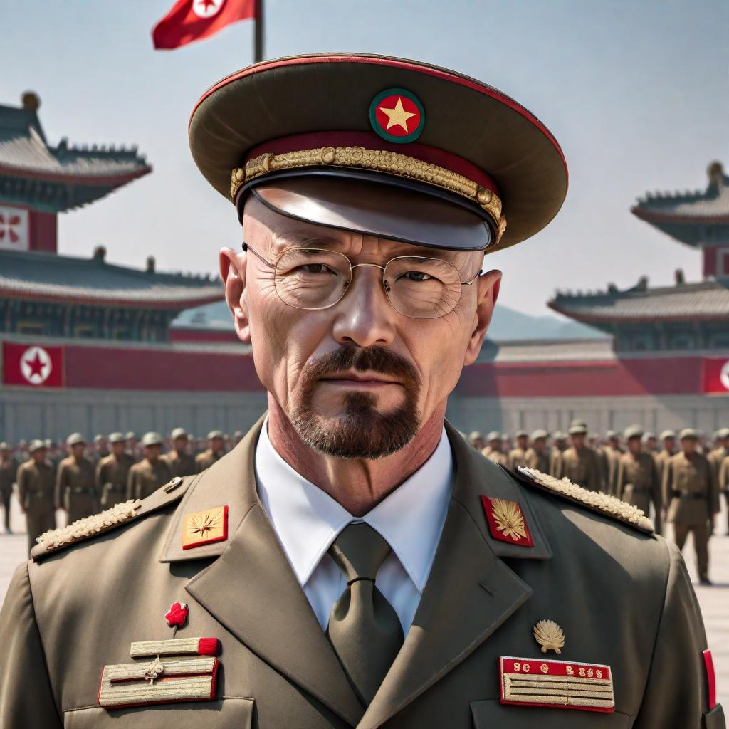  Create an image of Walter White from the TV series "Breaking Bad" dressed in a North Korean army general's uniform, complete with a large general's hat. He should be easily recognizable with his bald head and glasses, standing in Kim Il-sung Square in Pyongyang during a military parade, as if he is saluting from a viewing stand with a realistic North Korean military backdrop that includes soldiers, military vehicles, and flags. hyperrealistic, full body, detailed clothing, highly detailed, cinematic lighting, stunningly beautiful, intricate, sharp focus, f/1. 8, 85mm, (centered image composition), (professionally color graded), ((bright soft diffused light)), volumetric fog, trending on instagram, trending on tumblr, HDR 4K, 8K