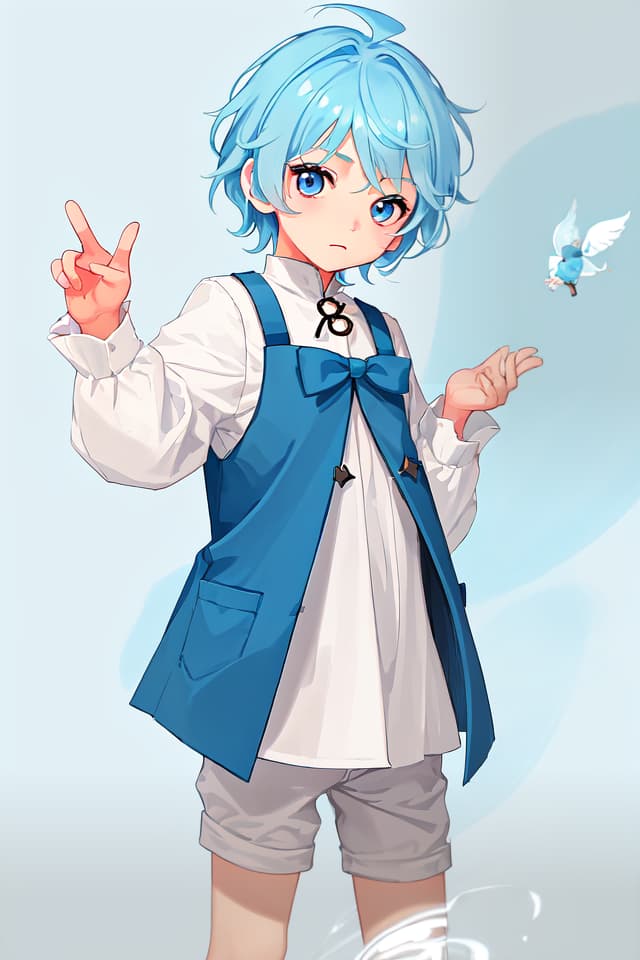  Peace, small boy, mini character, cute, light blue hair