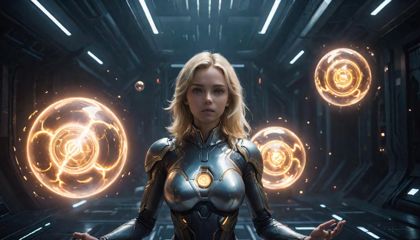  1girl, large busted attractive blonde arian female humanoid, in a meditative state, surrounded by floating energy orbs and ethereal whispers, mood of insight and encouragement, high tech clothing clad in sleek, futuristic costume with metallic accents and form fitting designs, marvel superhero comics style, unreal engine rendering