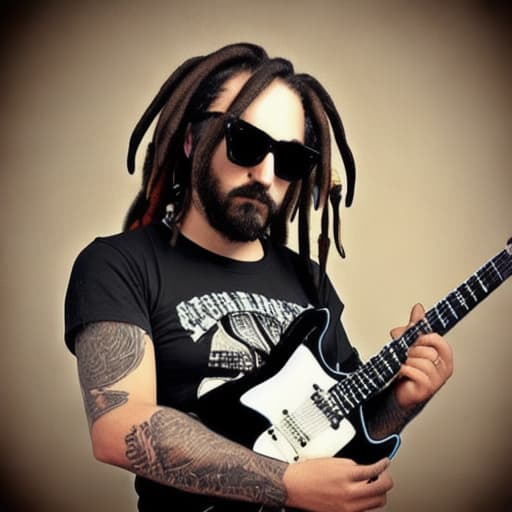  Gato guitarrista de rock con rastas gafas de sol camiseta negra brazos tatuados