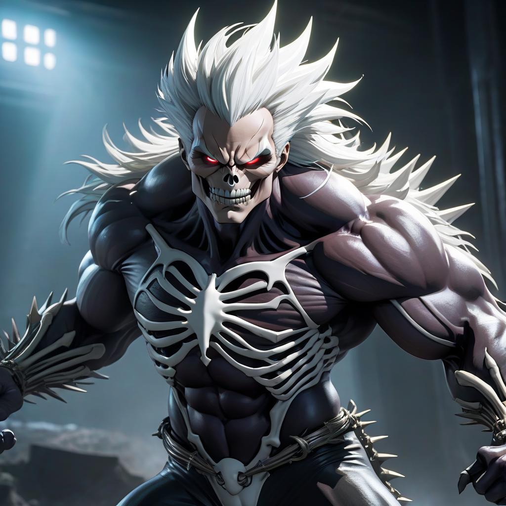  a close up of a person with an evil face, anime wallpaper, as a panel of a marvel comic, white skeleton face, long wild spiky hair, removed watermarks, musclebound and hulking, banshee, xray, darkmode hyperrealistic, full body, detailed clothing, highly detailed, cinematic lighting, stunningly beautiful, intricate, sharp focus, f/1. 8, 85mm, (centered image composition), (professionally color graded), ((bright soft diffused light)), volumetric fog, trending on instagram, trending on tumblr, HDR 4K, 8K