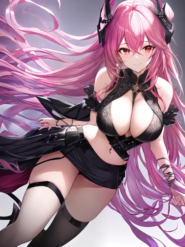  one anime female, Late twenties early thirties, moderately big , Light skin, Purple long hair and pink tips with gradient, s, small with on, shoulders and arms, Fat hips and big legs with continues legs, high black lace stockings, black High heels, Red painted fingernails, feet, full hd, no shine, bright eyes with a smile, ear piercing, black and s, one hand on her under above her s, standing upright, looking into the camera with the head a tilted hyperrealistic, full body, detailed clothing, highly detailed, cinematic lighting, stunningly beautiful, intricate, sharp focus, f/1. 8, 85mm, (centered image composition), (professionally color graded), ((bright soft diffused light)), volumetric fog, trending on instagram, trending on tumblr, HDR 4K, 8K