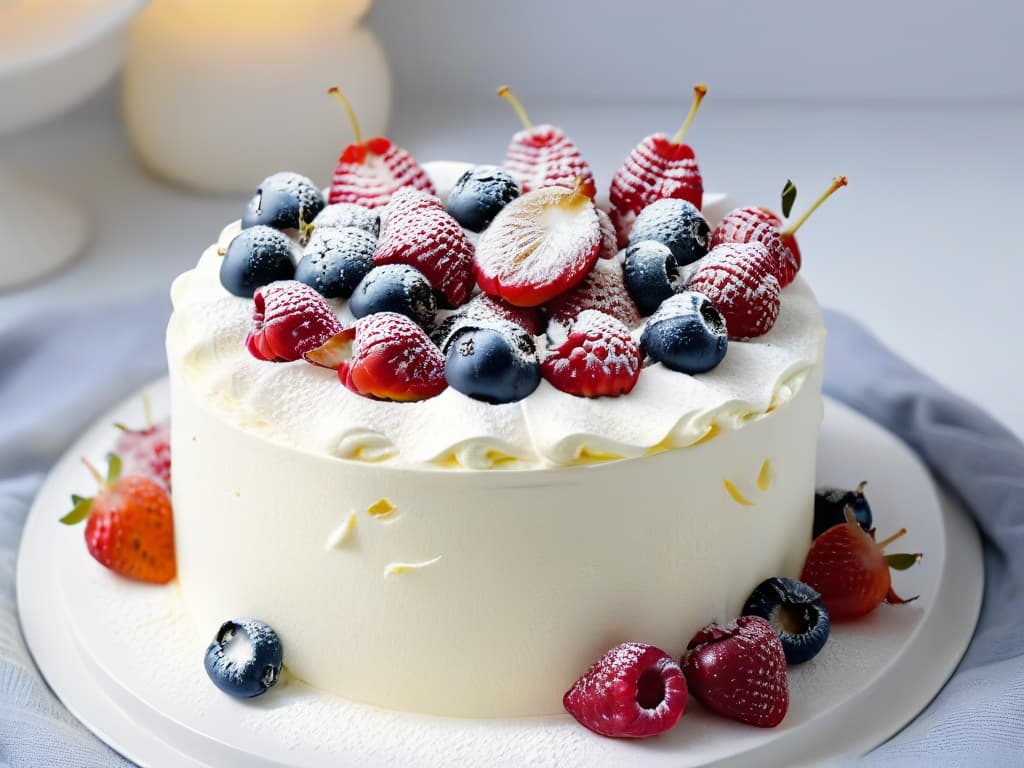  A closeup, ultradetailed image of a perfectly baked glutenfree cake, adorned with fresh berries and a dusting of powdered sugar on a sleek, modern white plate. The cake's texture is visible, showcasing its moist crumb and delicate structure. The vibrant colors of the berries pop against the neutral tones, creating a visually striking and appetizing composition. hyperrealistic, full body, detailed clothing, highly detailed, cinematic lighting, stunningly beautiful, intricate, sharp focus, f/1. 8, 85mm, (centered image composition), (professionally color graded), ((bright soft diffused light)), volumetric fog, trending on instagram, trending on tumblr, HDR 4K, 8K