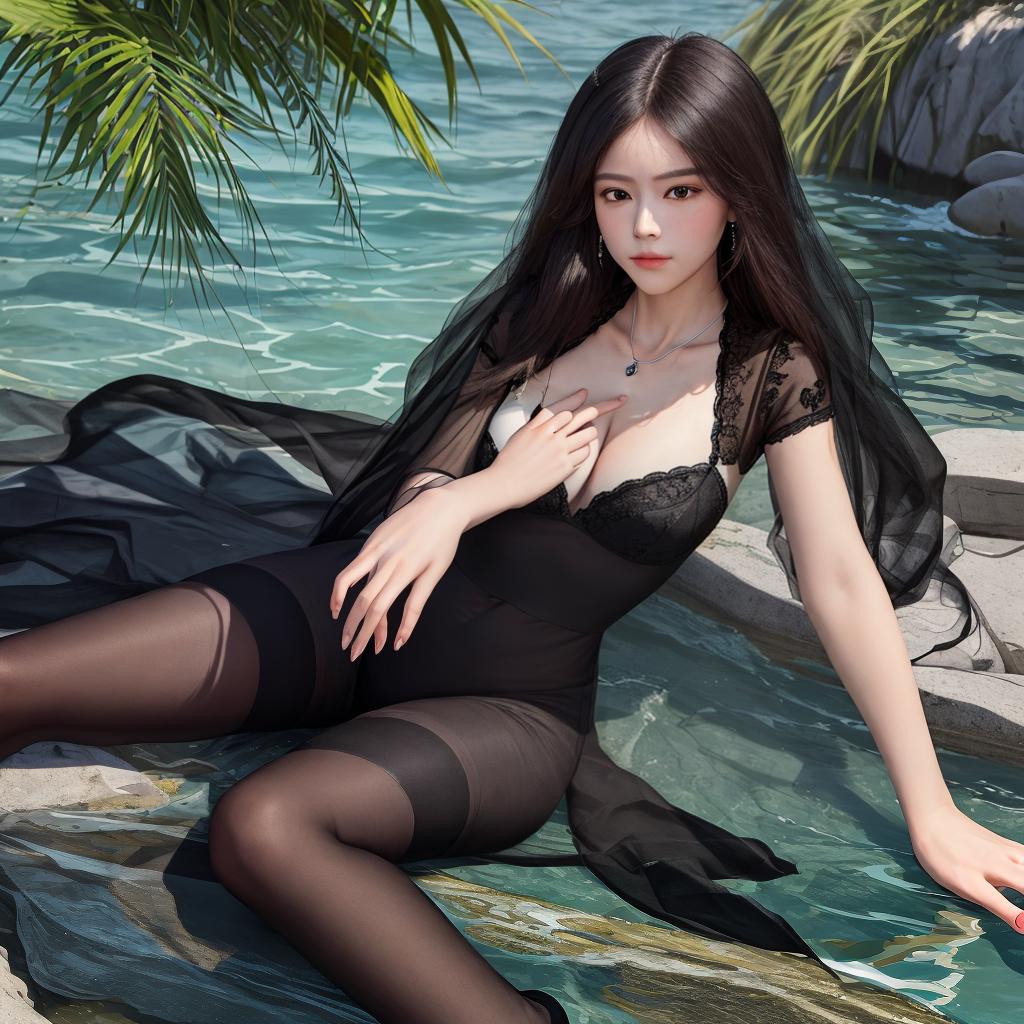  masterpiece, best quality, (fidelity:1.4), best quality, masterpiece, ultra high resolution,8k resolution, seaside, royal, black silk, lying posture