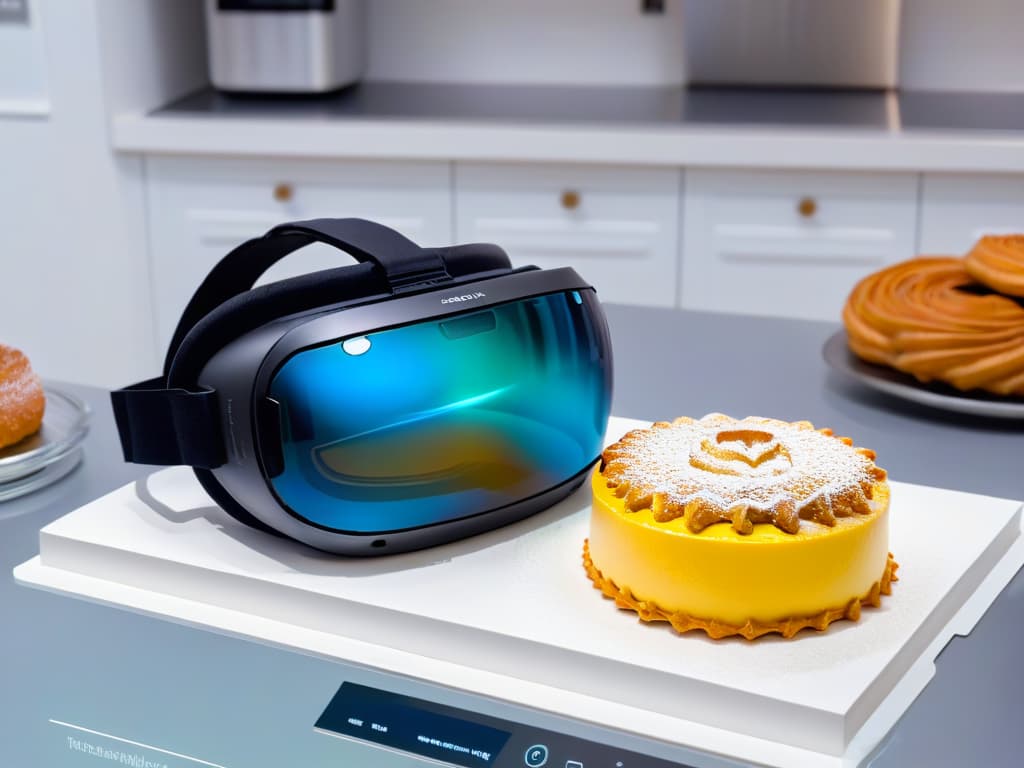  An ultradetailed image of a virtual reality headset placed on a sleek, modern kitchen countertop. The headset is casting a holographic display of intricate pastry recipes and detailed stepbystep instructions, while in the background, a serene virtual kitchen environment with stateoftheart baking equipment and ingredients can be seen, creating a seamless blend of technology and traditional baking techniques. hyperrealistic, full body, detailed clothing, highly detailed, cinematic lighting, stunningly beautiful, intricate, sharp focus, f/1. 8, 85mm, (centered image composition), (professionally color graded), ((bright soft diffused light)), volumetric fog, trending on instagram, trending on tumblr, HDR 4K, 8K