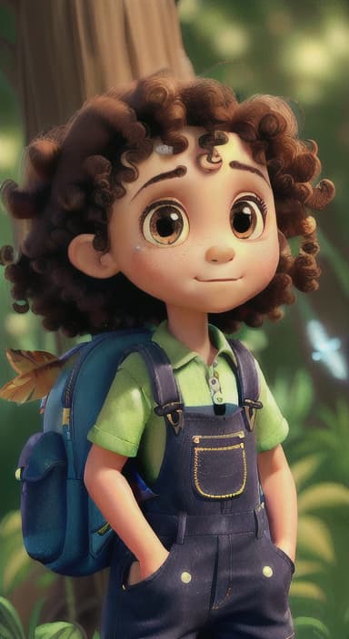  {The tree with a twinkling eye, while its leaves gently rustle., Riley, a curious with big brown eyes and curly hair, wearing overalls and carrying a small backpack. Their friend, Skye, a bluebird with shiny feathers.