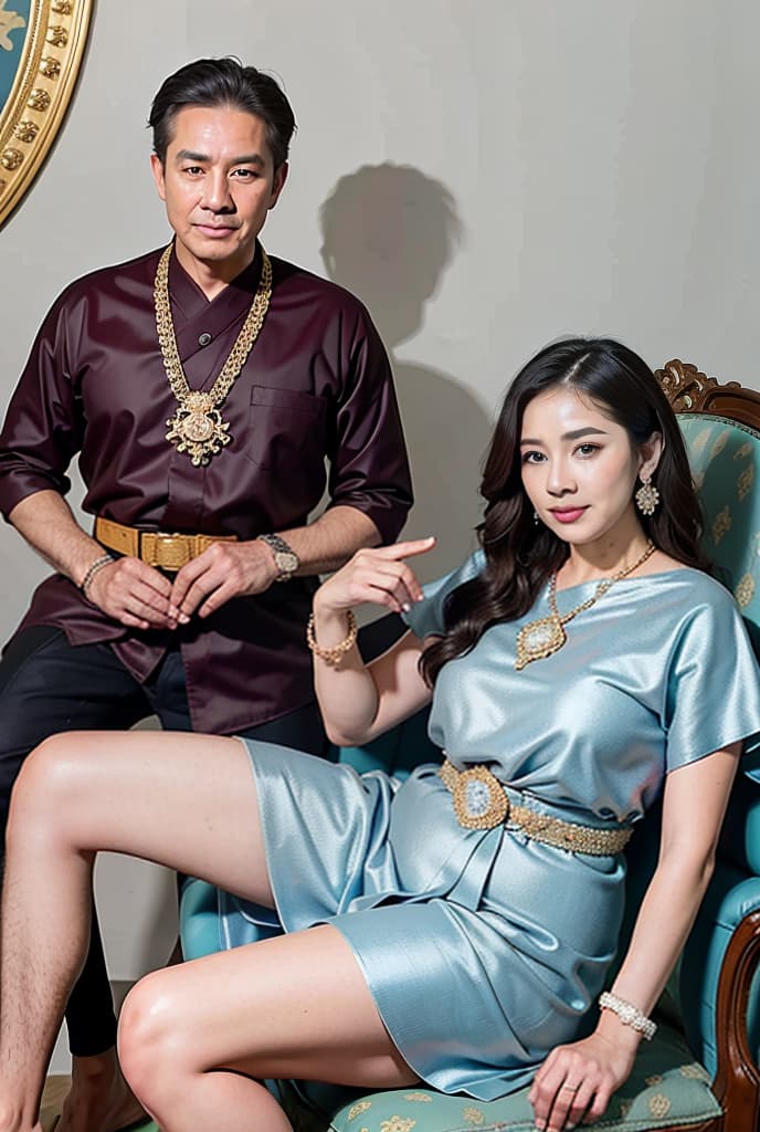  A 50-year-old man in formal wear is posing for a photo behind a plump 45-year-old woman wearing an evening gown who is sitting on a luxurious chair. Vintage oil painting background, sabai,jewelry,thailand tradition dress ADVERTISING PHOTO,high quality, good proportion, masterpiece , The image is captured with an 8k camera and edited using the latest digital tools to produce a flawless final result.