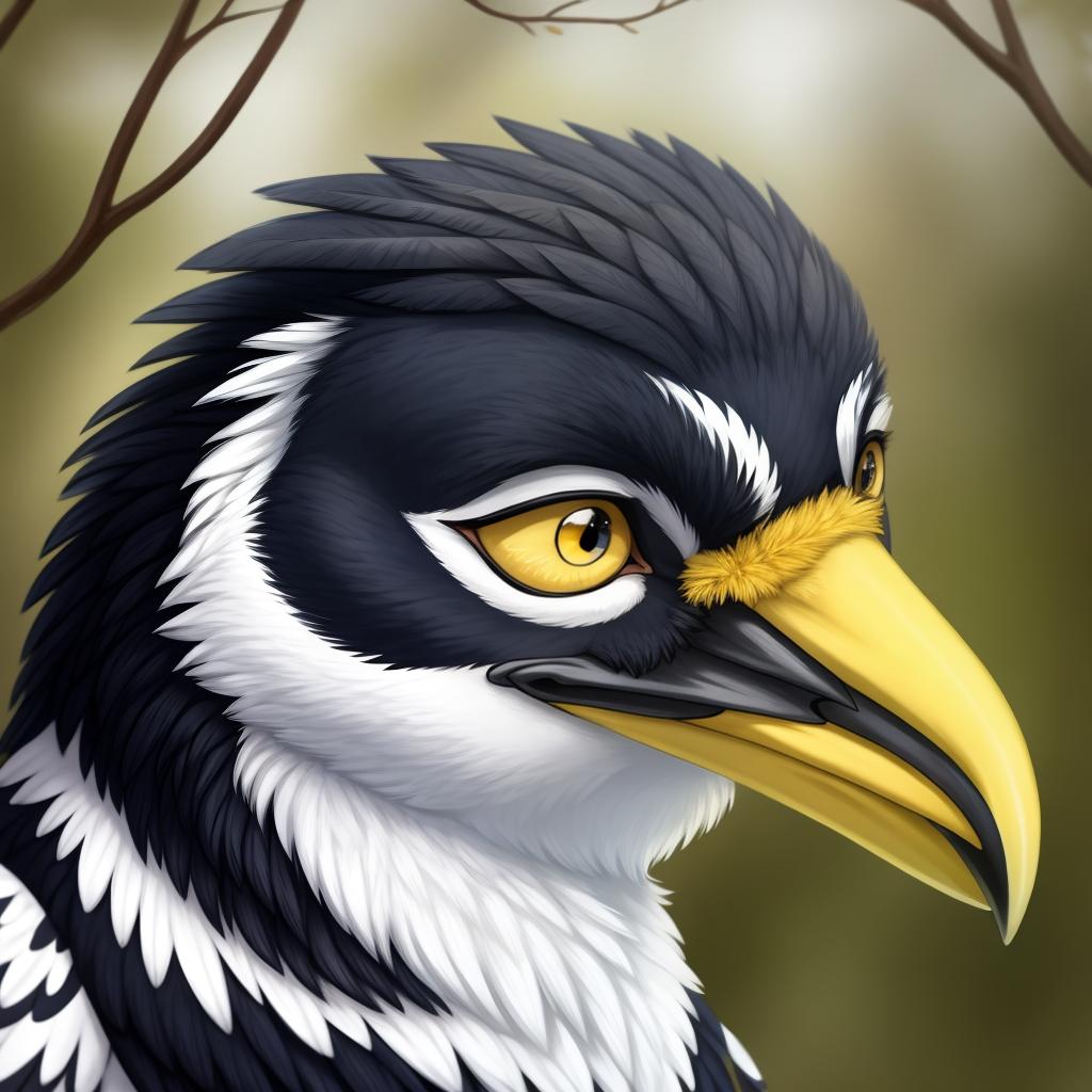  yellow-billed magpie, holarctic magpie, magpie (corvid) , gryphon, yellow beak, (yellow under eye:1,4), open eyes, digital art, masterpiece, 4k, fine details,