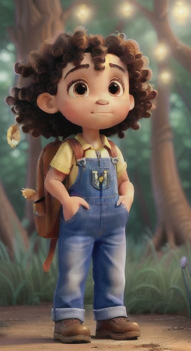  {The tree shining brightly and releasing a gentle, magical light., Riley, a curious with big brown eyes and curly hair, wearing overalls and carrying a small backpack. Their friend, Skye, a bluebird with shiny feathers.