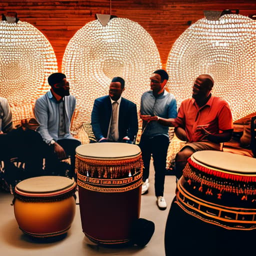 mdjrny-v4 style Group of people gathered around a vibrant djembe drum, playing rhythmic beats while swaying to the uplifting music.