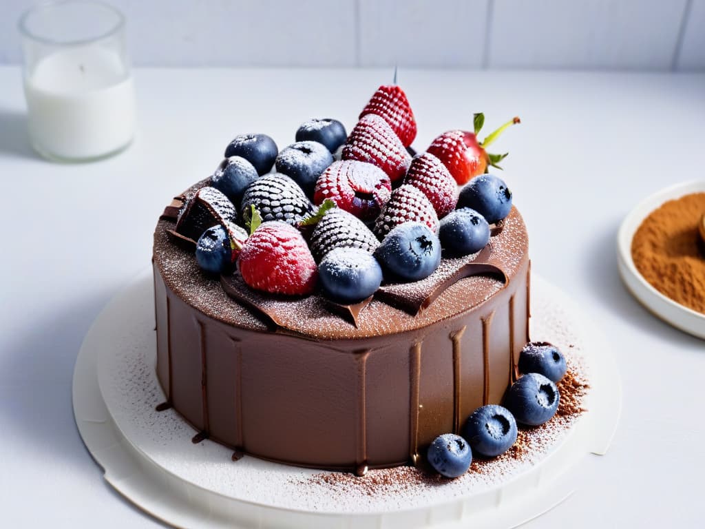  An ultradetailed closeup image of a decadent, rich vegan chocolate cake topped with fresh berries and a dusting of cocoa powder. The cake is elegantly presented on a sleek, minimalist white plate, showcasing its glossy texture and intricate layers. The vibrant colors of the berries pop against the deep brown of the cake, creating a visually striking and mouthwatering composition that perfectly embodies the concept of guiltfree indulgence in organic and vegan desserts. hyperrealistic, full body, detailed clothing, highly detailed, cinematic lighting, stunningly beautiful, intricate, sharp focus, f/1. 8, 85mm, (centered image composition), (professionally color graded), ((bright soft diffused light)), volumetric fog, trending on instagram, trending on tumblr, HDR 4K, 8K