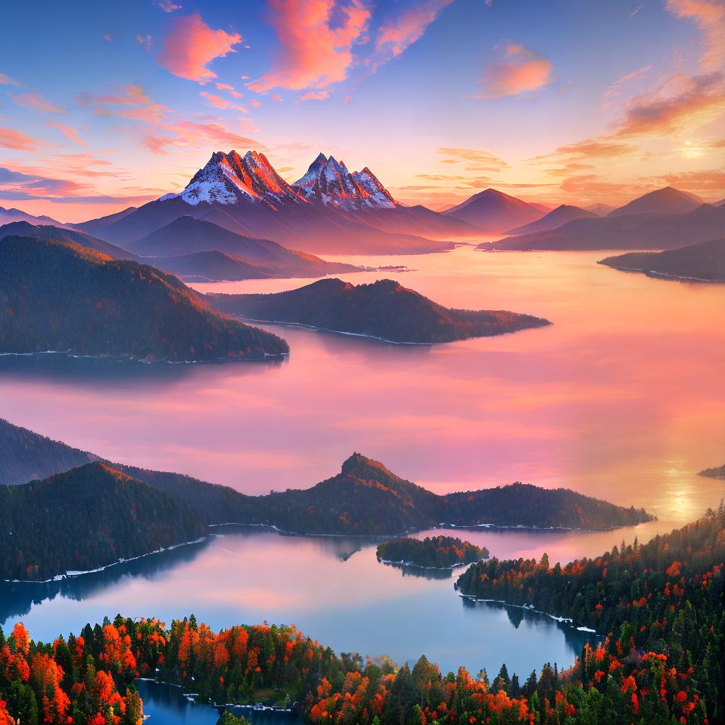  A breathtaking masterpiece capturing the beauty of a sunrise with the best quality. This high detailed, ultra-detailed artwork, in 8k resolution, depicts a serene landscape as the sun rises over a tranquil horizon. The main subject of the scene is a majestic mountain range ((bathed in golden light)), standing tall against the colorful sky. The mountains are dotted with ((snow-capped peaks)) and covered in lush greenery. In the foreground, there is a sparkling ((lake)) reflecting the vibrant hues of the sky. The water is so clear that you can see the ((ripples)) caused by a gentle breeze. The sky is adorned with ((pink and orange clouds)) that blend seamlessly with the warm tones of the sun. The atmosphere is filled with a sense of peace and hyperrealistic, full body, detailed clothing, highly detailed, cinematic lighting, stunningly beautiful, intricate, sharp focus, f/1. 8, 85mm, (centered image composition), (professionally color graded), ((bright soft diffused light)), volumetric fog, trending on instagram, trending on tumblr, HDR 4K, 8K