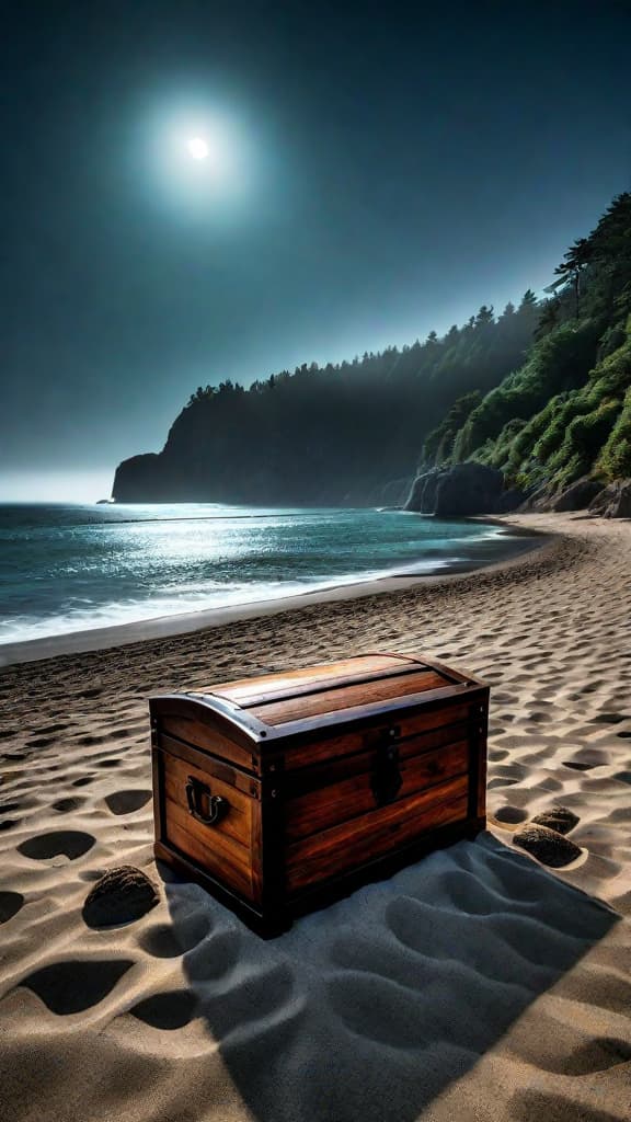  (A seaside cove at night, with towering cliffs and a dense forest along the shoreline. A full moon illuminates the scene as Eli digs in the sand, uncovering an ancient wooden chest on the beach.) hyperrealistic, full body, detailed clothing, highly detailed, cinematic lighting, stunningly beautiful, intricate, sharp focus, f/1. 8, 85mm, (centered image composition), (professionally color graded), ((bright soft diffused light)), volumetric fog, trending on instagram, trending on tumblr, HDR 4K, 8K