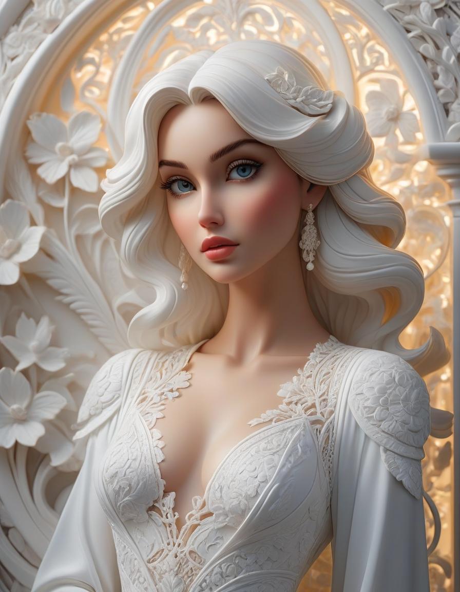  A stunningly detailed and intricately designed deepest white glossy porcelain bas relief of the modern woman in ideal proportion body. Wearing highly ornate, airy sheer negligee. This is a full body shot in the style of a hyper realistic, ultra high resolution, high detail masterpiece with intricate details. hyperrealistic, full body, detailed clothing, highly detailed, cinematic lighting, stunningly beautiful, intricate, sharp focus, f/1. 8, 85mm, (centered image composition), (professionally color graded), ((bright soft diffused light)), volumetric fog, trending on instagram, trending on tumblr, HDR 4K, 8K