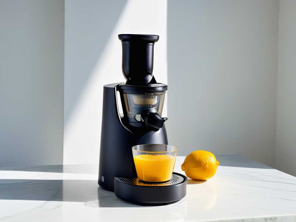  An 8k ultradetailed image of a sleek, modern citrus juicer in a matte black finish, sitting on a pristine white marble countertop. The juicer is elegantly designed with clean lines and a minimalistic aesthetic, exuding a sense of sophistication and efficiency. The soft, natural light filtering in through a nearby window highlights the juicer's immaculate craftsmanship, casting subtle shadows that enhance its sleek contours. The overall composition is a masterful blend of simplicity and luxury, perfectly capturing the essence of essential citrus accessories for creative pastry making. hyperrealistic, full body, detailed clothing, highly detailed, cinematic lighting, stunningly beautiful, intricate, sharp focus, f/1. 8, 85mm, (centered image composition), (professionally color graded), ((bright soft diffused light)), volumetric fog, trending on instagram, trending on tumblr, HDR 4K, 8K