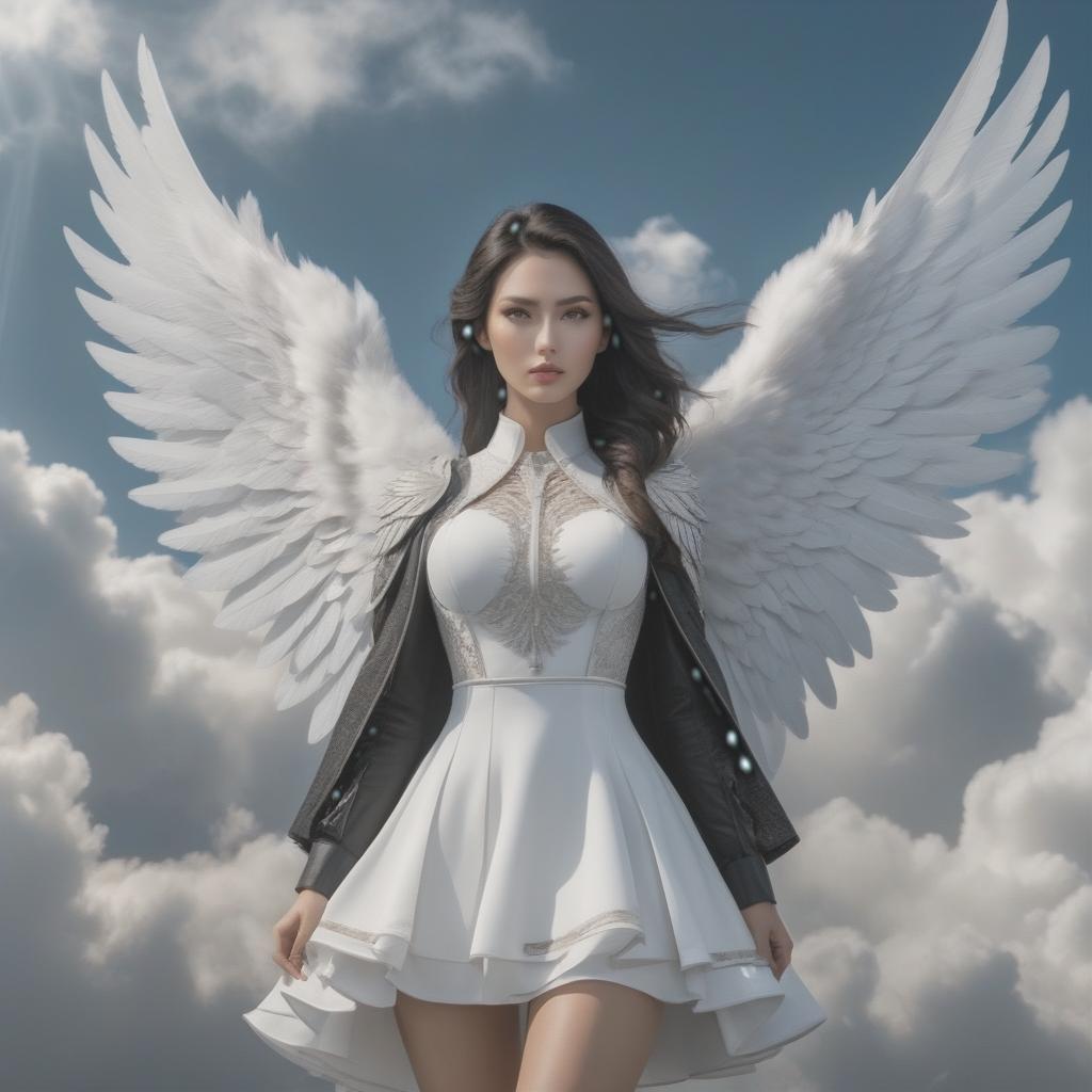  Girl with dark hair, white eyes, white wings, cloud background hyperrealistic, full body, detailed clothing, highly detailed, cinematic lighting, stunningly beautiful, intricate, sharp focus, f/1. 8, 85mm, (centered image composition), (professionally color graded), ((bright soft diffused light)), volumetric fog, trending on instagram, trending on tumblr, HDR 4K, 8K