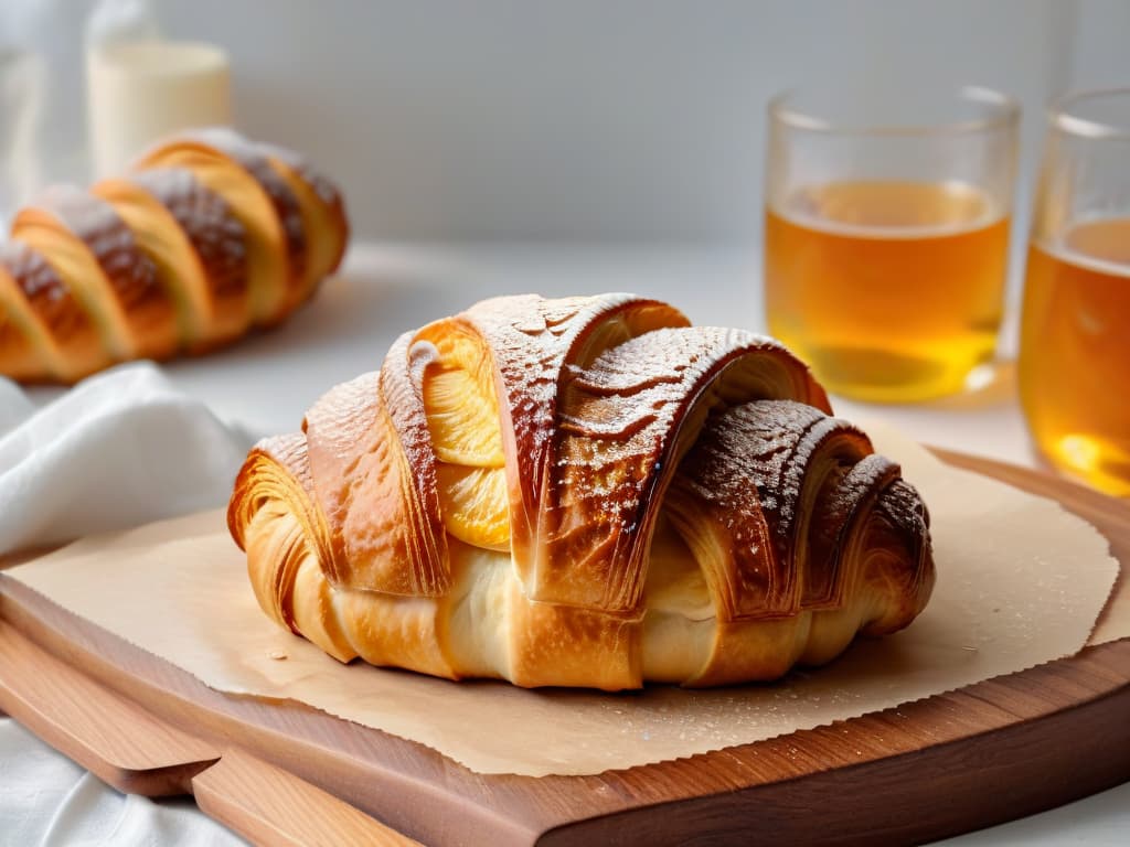  A closeup, ultradetailed image of a golden, glossy croissant fresh out of the oven, perfectly baked to a golden brown hue, with flaky layers visible on the surface. The croissant rests on a rustic wooden cutting board, set against a stark white backdrop, highlighting its buttery texture and inviting aroma. hyperrealistic, full body, detailed clothing, highly detailed, cinematic lighting, stunningly beautiful, intricate, sharp focus, f/1. 8, 85mm, (centered image composition), (professionally color graded), ((bright soft diffused light)), volumetric fog, trending on instagram, trending on tumblr, HDR 4K, 8K