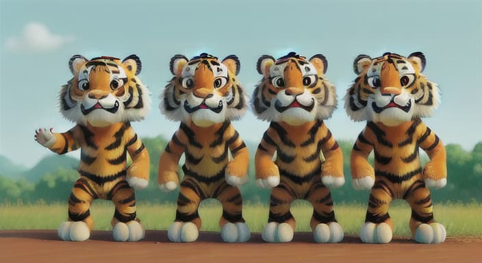  {The tiger and his friends waving goodbye, a sense of togetherness and joy in the air., The tiger's friends have various unique features, showcasing diversity and unity.