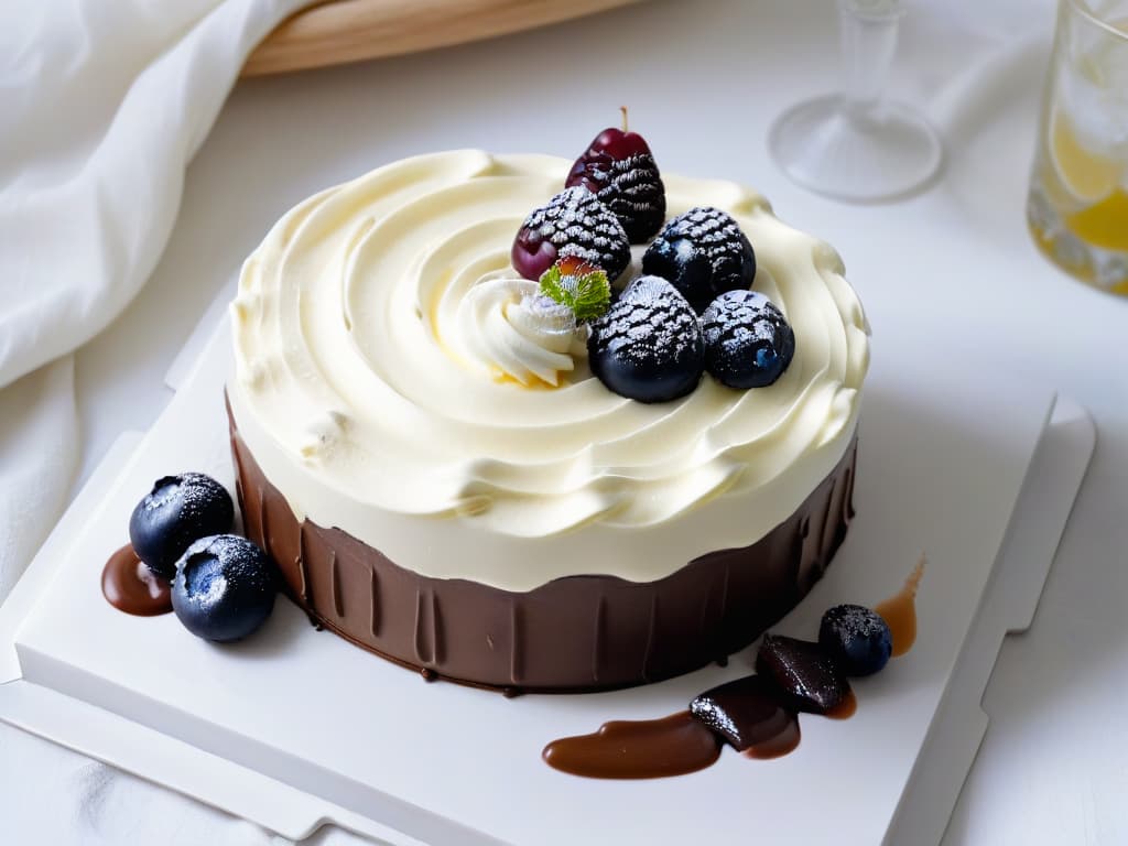  An ultradetailed closeup of a delicate swirl of vegan chantilly cream, perfectly piped on top of a luscious vegan dessert. The cream is smooth, glossy, and beautifully holds its shape, showcasing a flawless texture that tempts the viewer with its lightness and elegance. The dessert underneath is a rich, decadent chocolate cake, adding a contrasting element of indulgence to the image. The lighting is soft, enhancing the sheen of the chantilly cream and creating a subtle play of shadows on the dessert, making the entire composition a visually captivating display of vegan culinary artistry. hyperrealistic, full body, detailed clothing, highly detailed, cinematic lighting, stunningly beautiful, intricate, sharp focus, f/1. 8, 85mm, (centered image composition), (professionally color graded), ((bright soft diffused light)), volumetric fog, trending on instagram, trending on tumblr, HDR 4K, 8K