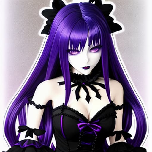  a gothic anime puppet with dark purple hair with royal blue at the ends, wears a dark royal blue dress with black and purple