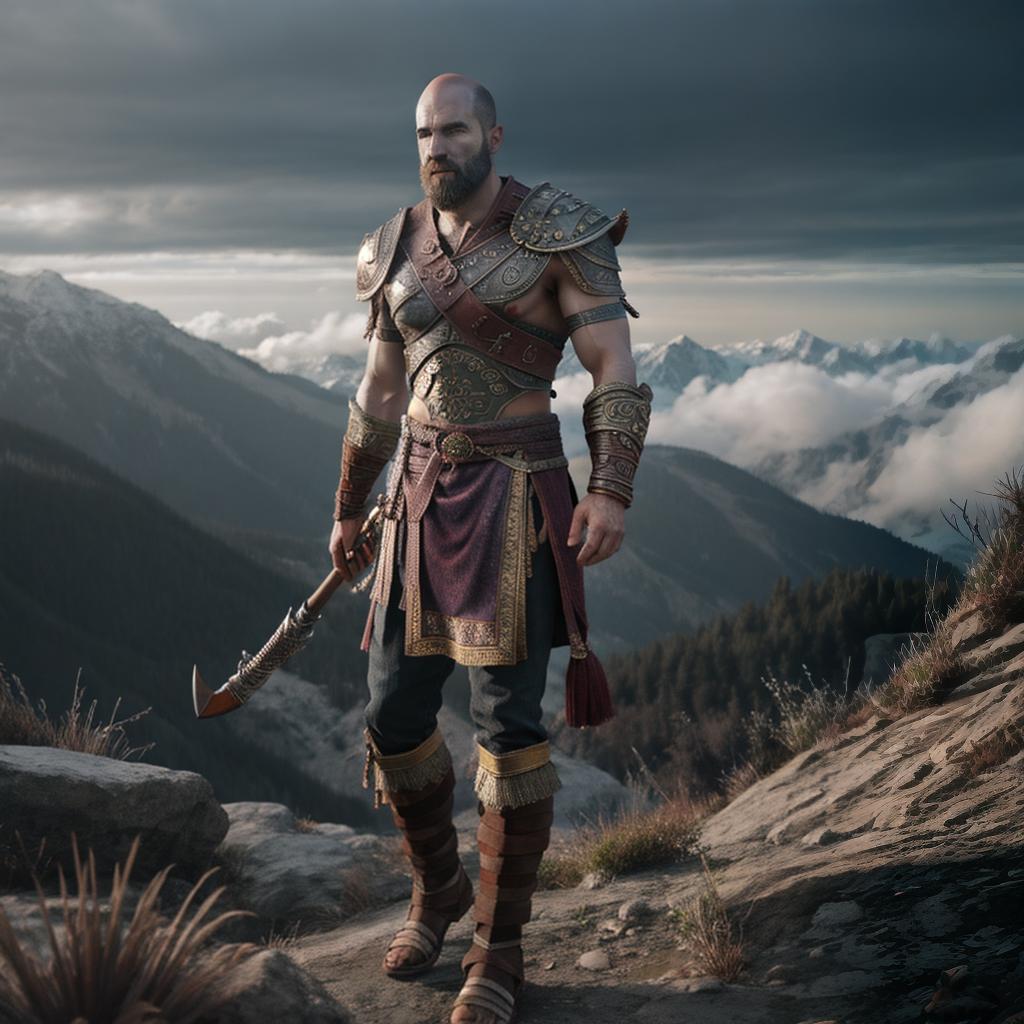  God of war hyperrealistic, full body, detailed clothing, highly detailed, cinematic lighting, stunningly beautiful, intricate, sharp focus, f/1. 8, 85mm, (centered image composition), (professionally color graded), ((bright soft diffused light)), volumetric fog, trending on instagram, trending on tumblr, HDR 4K, 8K