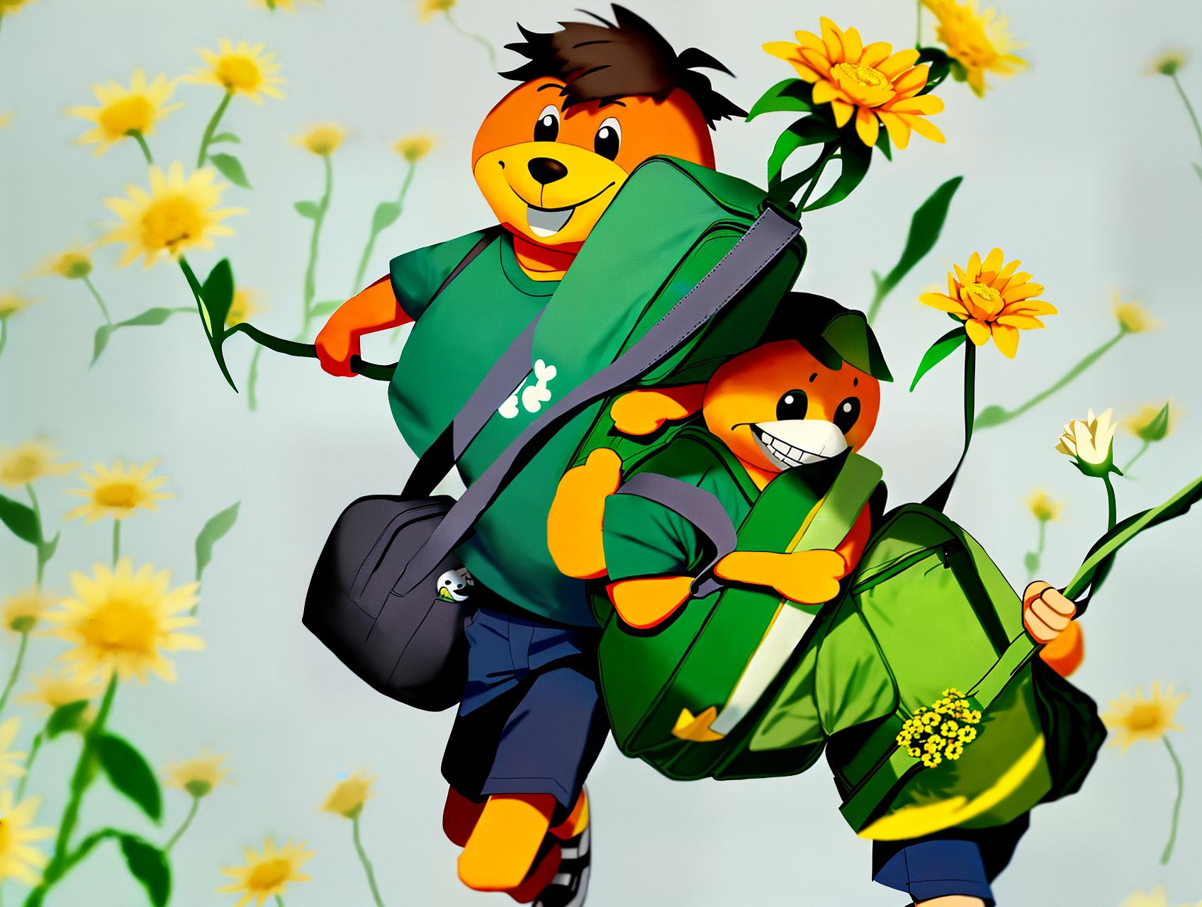  mascot, best quality, mascot, wearing a green T-shirt, carrying a schoolbag, smiling, holding flowers