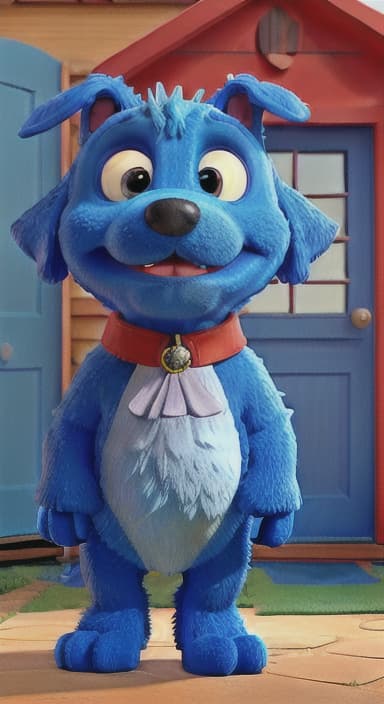  {Max the big blue dog standing in front of a cozy little house with a red door, The big blue dog is large with sky blue fur, big round eyes, a black nose, and floppy ears.