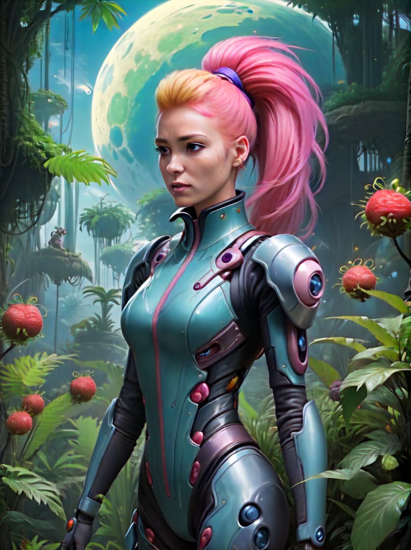  Triffid, adult female with blonde pink hair pony-tail , scientific, eye still-suit science futuristic, micro-tech, fiction kaki, harvesting a fantasy-berry in a fantastical jungle with sentient flora and fauna. They are wearing futuristic body suits body suits, and . Distant Moons, triffids, carnivorous plants, holding, Highly defined, highly detailed, sharp focus, (centered image composition), 4K, 8K