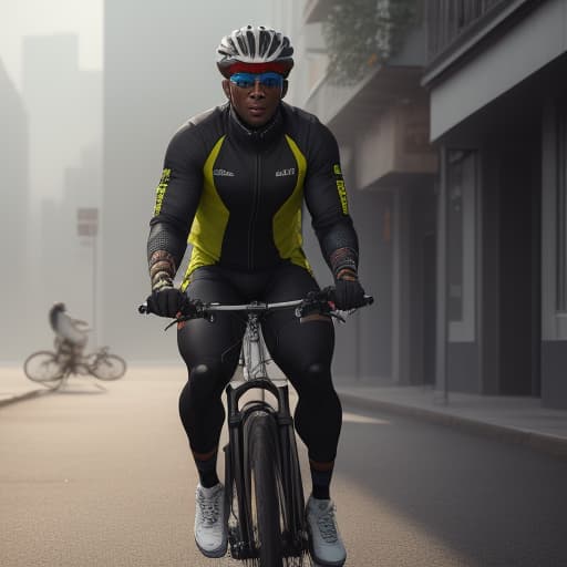  An African bike man hyperrealistic, full body, detailed clothing, highly detailed, cinematic lighting, stunningly beautiful, intricate, sharp focus, f/1. 8, 85mm, (centered image composition), (professionally color graded), ((bright soft diffused light)), volumetric fog, trending on instagram, trending on tumblr, HDR 4K, 8K