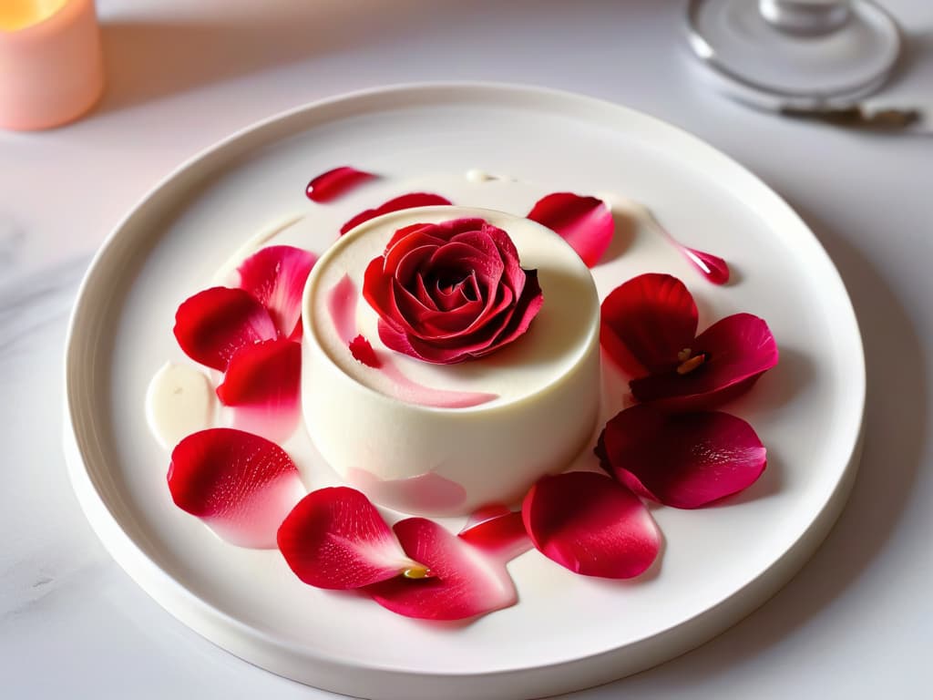  An 8k ultradetailed image of a smooth and creamy panna cotta infused with delicate rose flavor, elegantly garnished with edible rose petals and a drizzle of rose syrup. The dessert is beautifully presented on a minimalist, sophisticated plate, exuding a sense of luxury and culinary artistry. The lighting highlights the textures of the dessert, emphasizing its velvety smoothness and the vibrant hues of the rose elements. This image captures the essence of elegance and floral sophistication, appealing to the senses and inviting the viewer to indulge in a refined culinary experience. hyperrealistic, full body, detailed clothing, highly detailed, cinematic lighting, stunningly beautiful, intricate, sharp focus, f/1. 8, 85mm, (centered image composition), (professionally color graded), ((bright soft diffused light)), volumetric fog, trending on instagram, trending on tumblr, HDR 4K, 8K