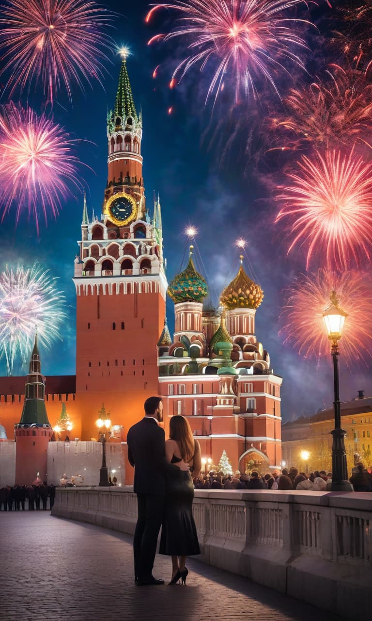  Colorful sparkling fireworks reflect on the waterfront opposite the Moscow Kremlin. Lovers are enjoying the fireworks festively, brightly, and enchanted by the lighting. hyperrealistic, full body, detailed clothing, highly detailed, cinematic lighting, stunningly beautiful, intricate, sharp focus, f/1. 8, 85mm, (centered image composition), (professionally color graded), ((bright soft diffused light)), volumetric fog, trending on instagram, trending on tumblr, HDR 4K, 8K