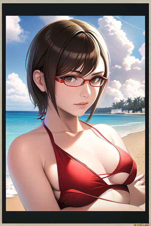  Red rimmed glasses, brown hair, yellow bikini, folded arms, looking at camera, short hair, ultra detailed,, (Masterpiece, BestQuality:1.3), (ultra detailed:1.2), (hyperrealistic:1.3), (RAW photo:1.2),High detail RAW color photo, professional photograph, (Photorealistic:1.4), (realistic:1.4), ,professional lighting, (japanese), beautiful face, (realistic face)